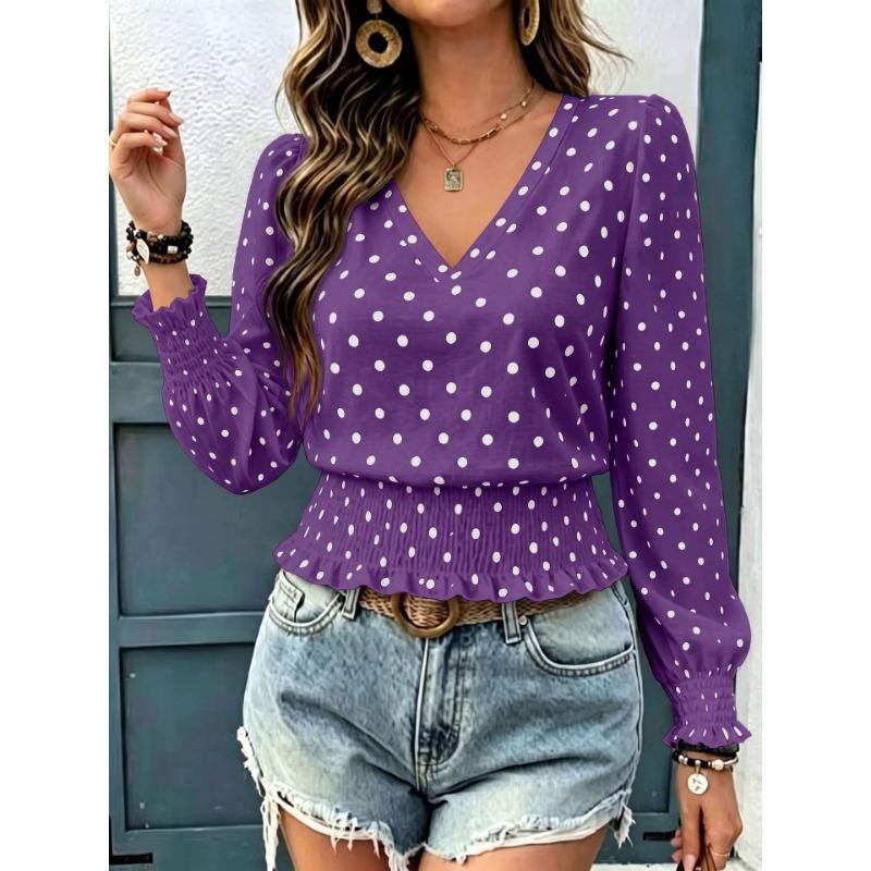 Long Sleeve V Neck Polka Dot Casual Top
