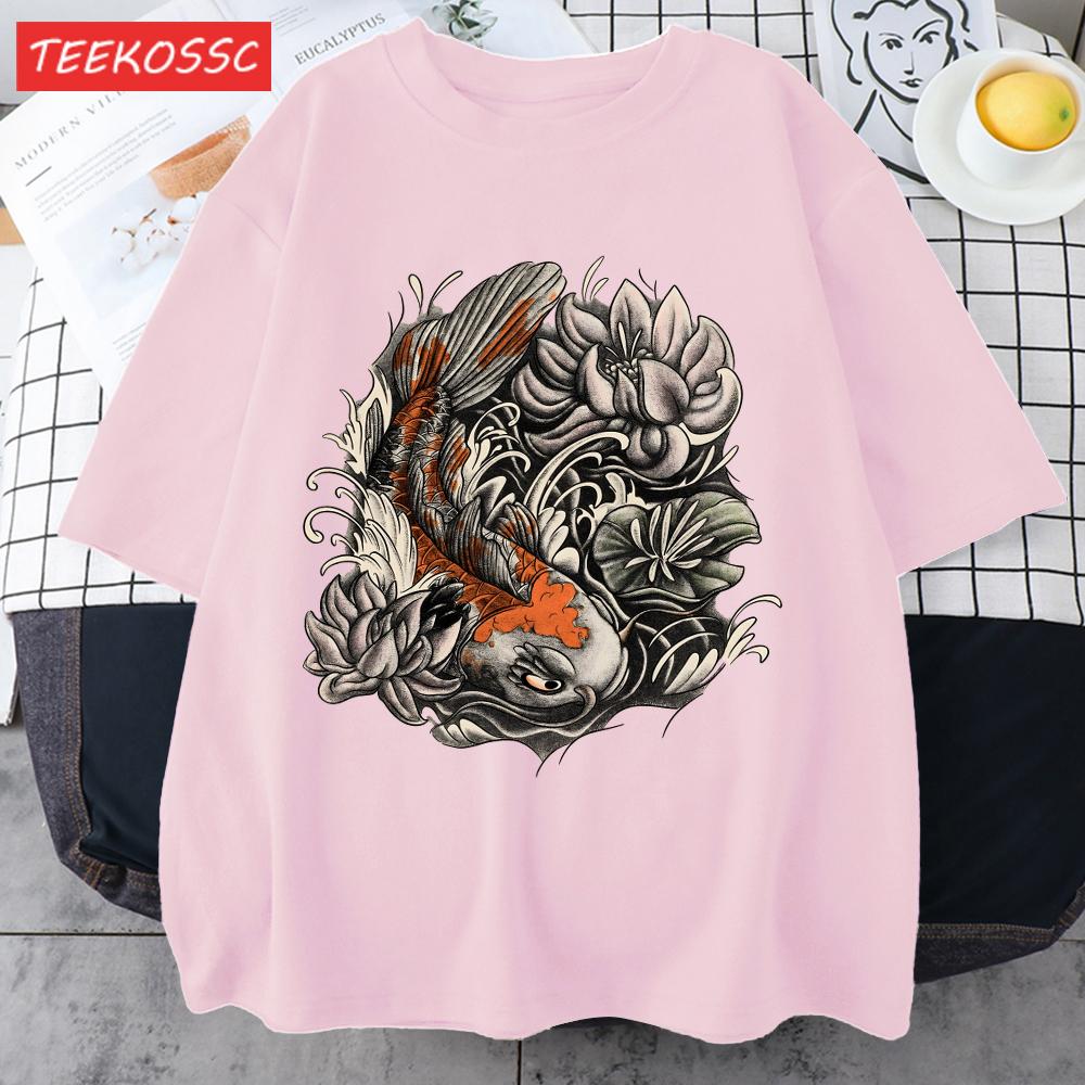 Japanese Harajuku Lotus Koi Print Men T Shirts AllMatch Cotton TShirt Casual Crewneck Loose Streetwear Man Summer Basics Top