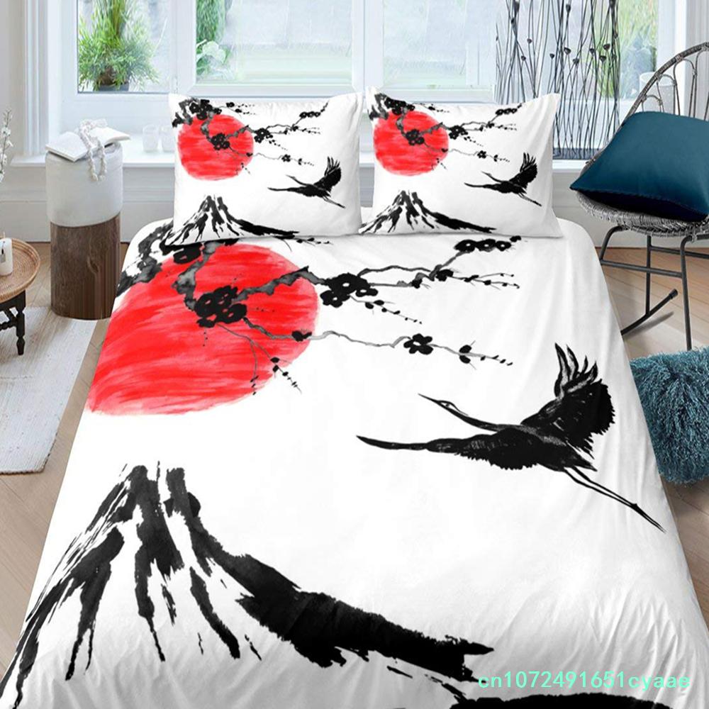Japanese Ukiyo-e King Queen Duvet Cover Golden Fish Hokusai Bedding Set Crane Wave Quilt Cover Red Sun Polyester Comforter Cover
