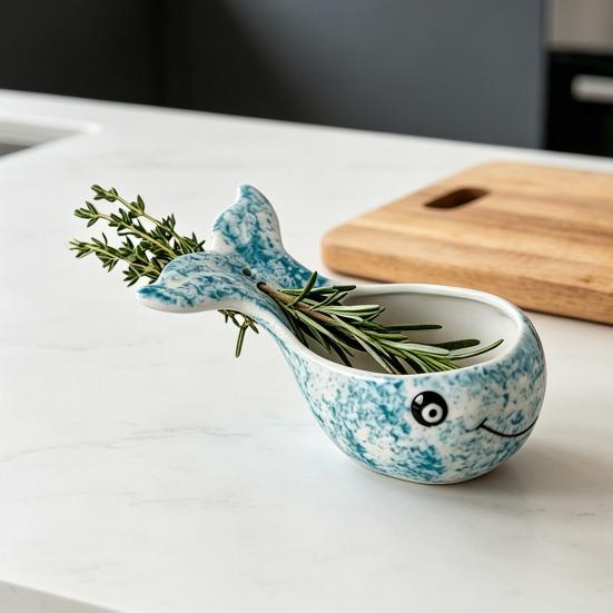 Herb Stripper Bowl Resin Herbal Peeling Bowl with 4 Size Holes Blue Whale Shape Pottery Herb Peeler for Removing Leaves from Thyme Rosemary