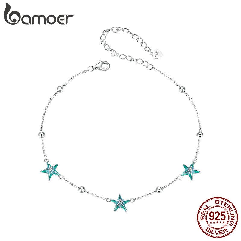 Bamoer 925 Sterling Silver Blue Starfish Bracelet Plated White Gold Adjustable Chain for Women Summer Fine Jewelry Party