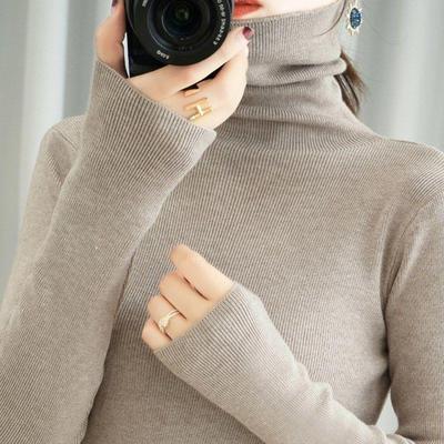 Women's Autumn Winter Slim-Fit High-Neck Pile-Collar Long Sleeve Pullover Knit Sweater for Inner Wear