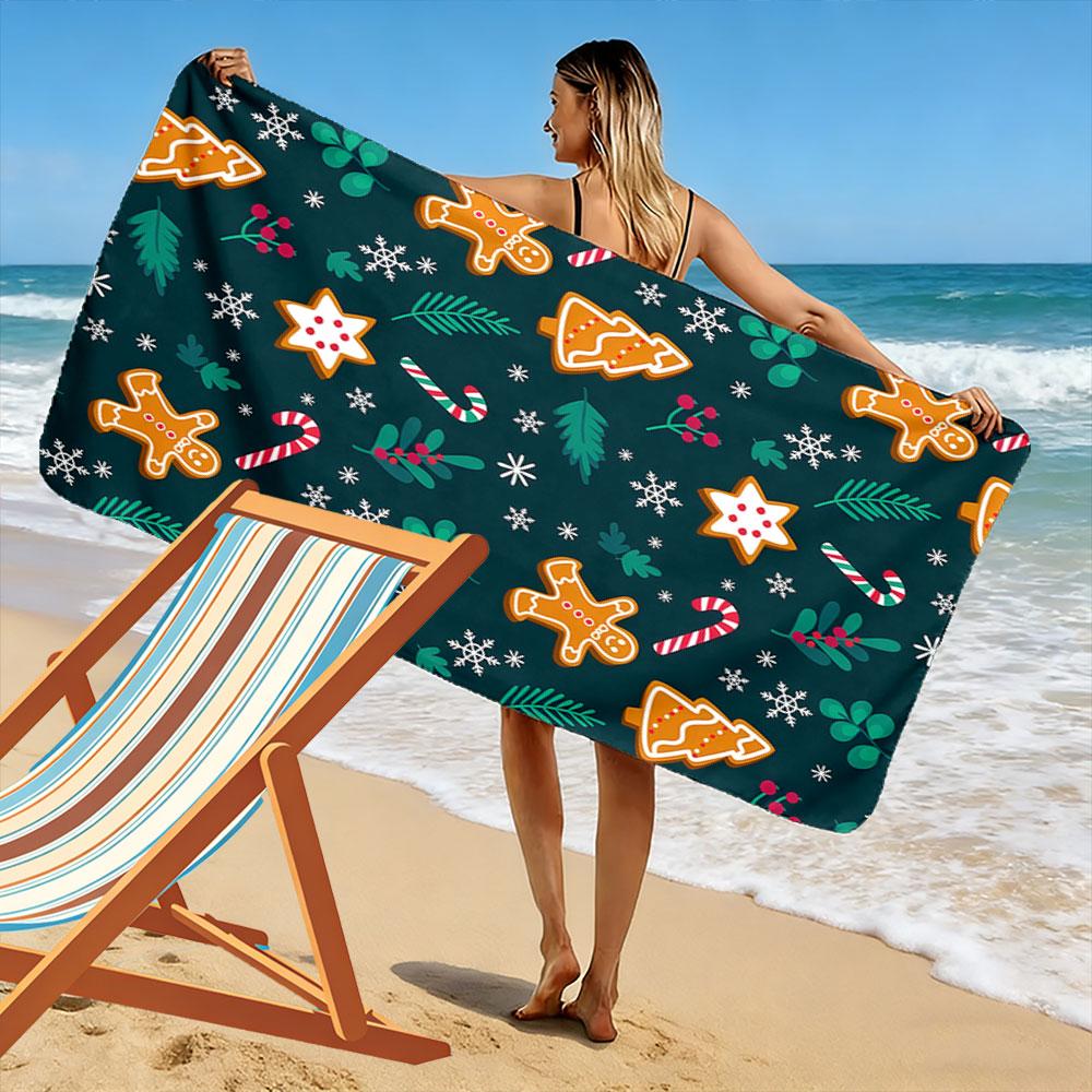 Festive gingerbread holiday bliss Print beach towel, quick drying, suitable for travel, outdoor sports, jogging, the beach and swimming, gift