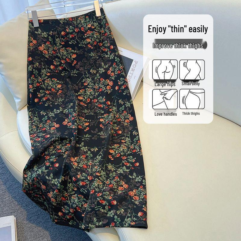 Women's Retro Floral High-Waist A-Line Slit Midi Skirt - Autumn 2025 Fashion