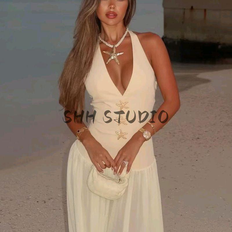 Summer Women clothes Holiday Style Loose Big Hemline Starfish Decoration V-neck Sleeveless High Waist Long Patchwork Dress