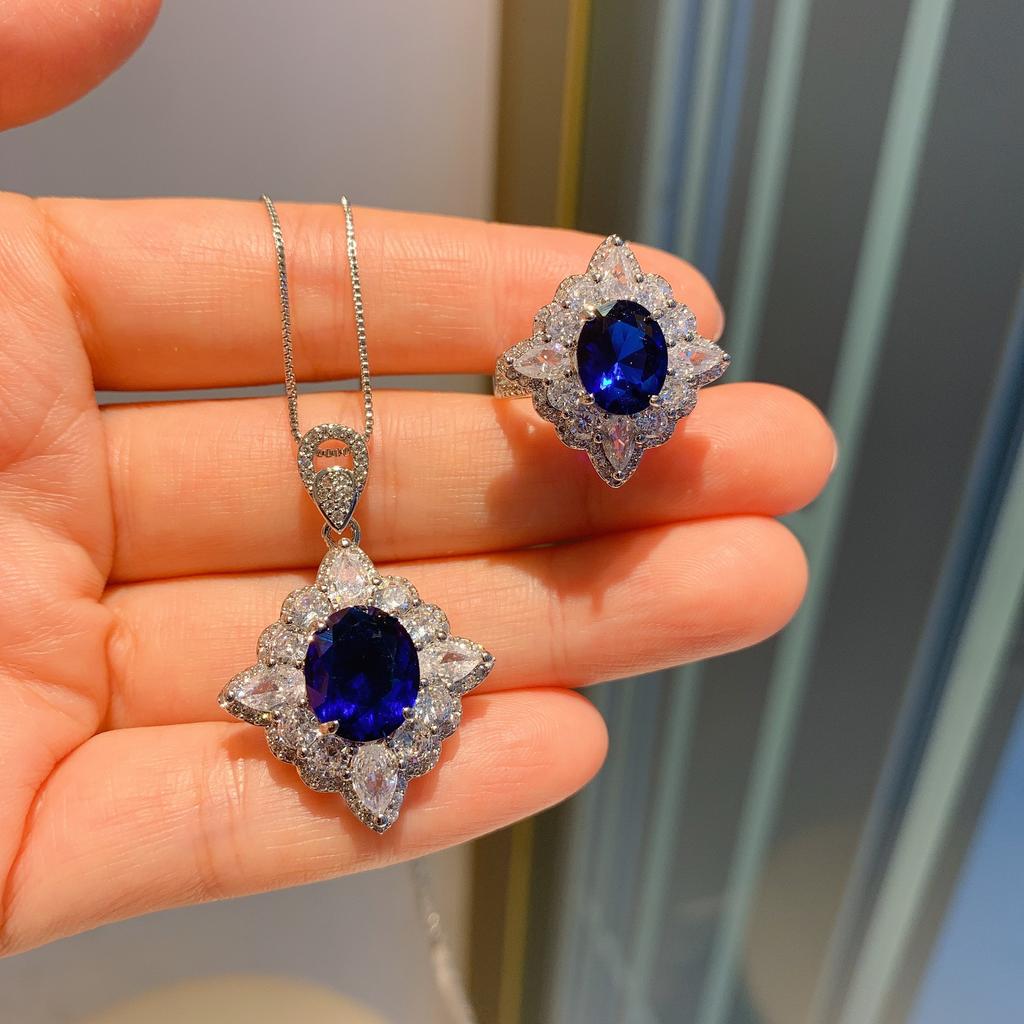 Jewelry Popular Simulation Blue Glass Pendant Necklace Ring Set Hanging 10 * 12 Ring 8 * 10