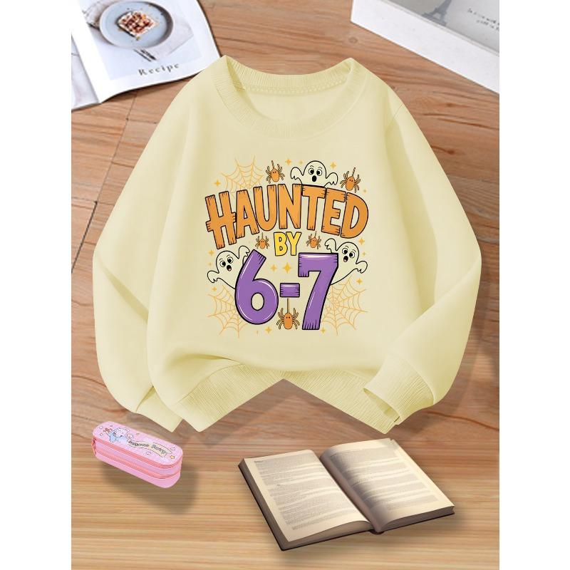 Kids Unisex Red Crewneck Sweatshirt, Halloween Haunted By 6-7 Ghost Spider Web Print Long Sleeve Pullover, Sweatshirt for Boys Girls Over 4 Years Old