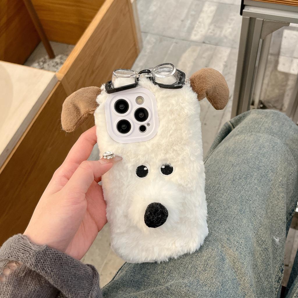 Husă de pluș 3D cu câine drăguț cu ochelari de protecție din desene animate Accesorii drăguțe pentru telefon pentru iPhone 16 15 14 13 12 11 Pro Max