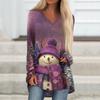 Ladies' Fashionable Casual Christmas Printed T-shirt Long Sleeved V-neck Mid Length Top