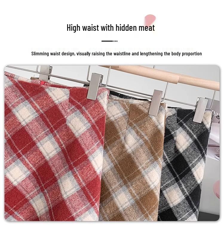 Women's 2025 Retro High-Waist Wool Blend Plaid Mini Skirt - Petite Bodycon A-Line for Autumn/Winter