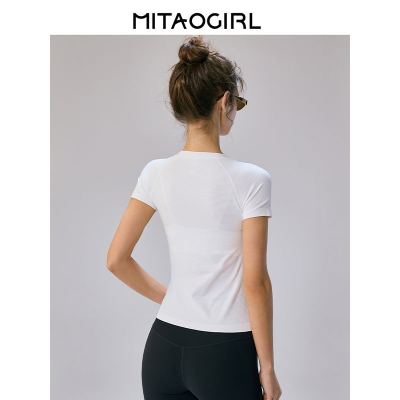 Mitaogirl Kendall Sports Tops Women's Breathable Quick-Drying Workout Clothes Running Fitness Yoga Shoulder White T-shirt