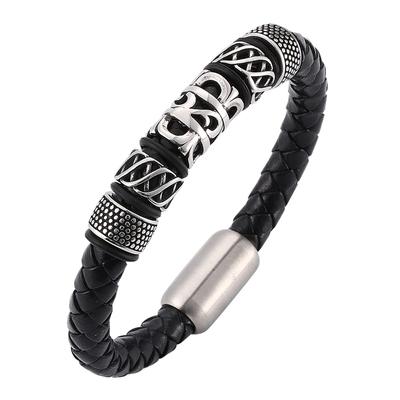 Punk Men Bracelet Leather Cuff Round Rope Leather Bangle WristBand Stainless Steel Beads Gift