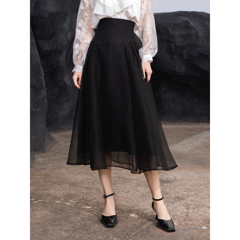 In-Stock Gourcuff Women s Spring 2026 Textured Mesh Pleated High-Waisted Long Skirt Small чёрный