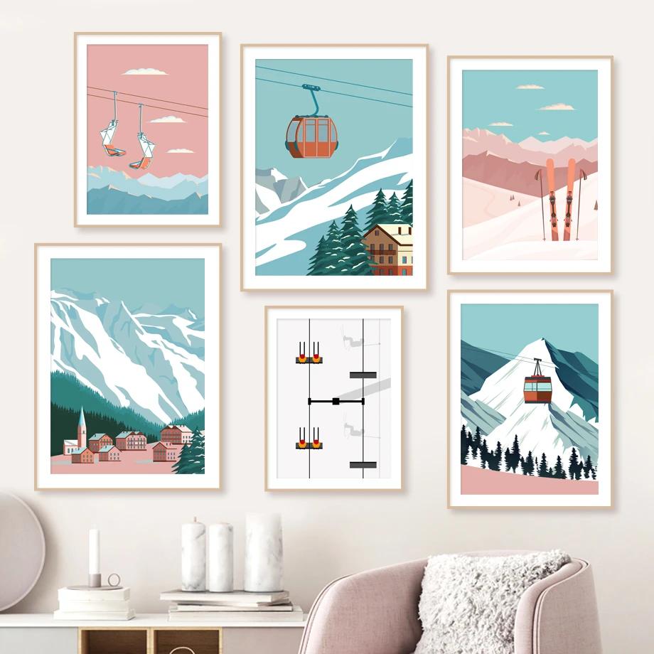 Abstract Landscape Winter Snow Mountain Forest Skiing Wall Art Poster Canvas Painting Prints Wall Pictures for Living Room Decor