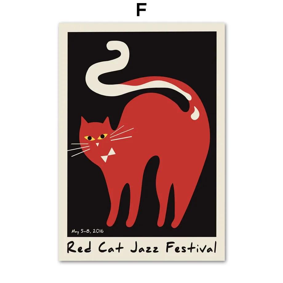 Abstraktes Wein Jazz Festival Rot Schwarze Katze Leinwandgemälde Wandkunst Nordische Poster und Drucke Wandbilder für Wohnzimmerdekor