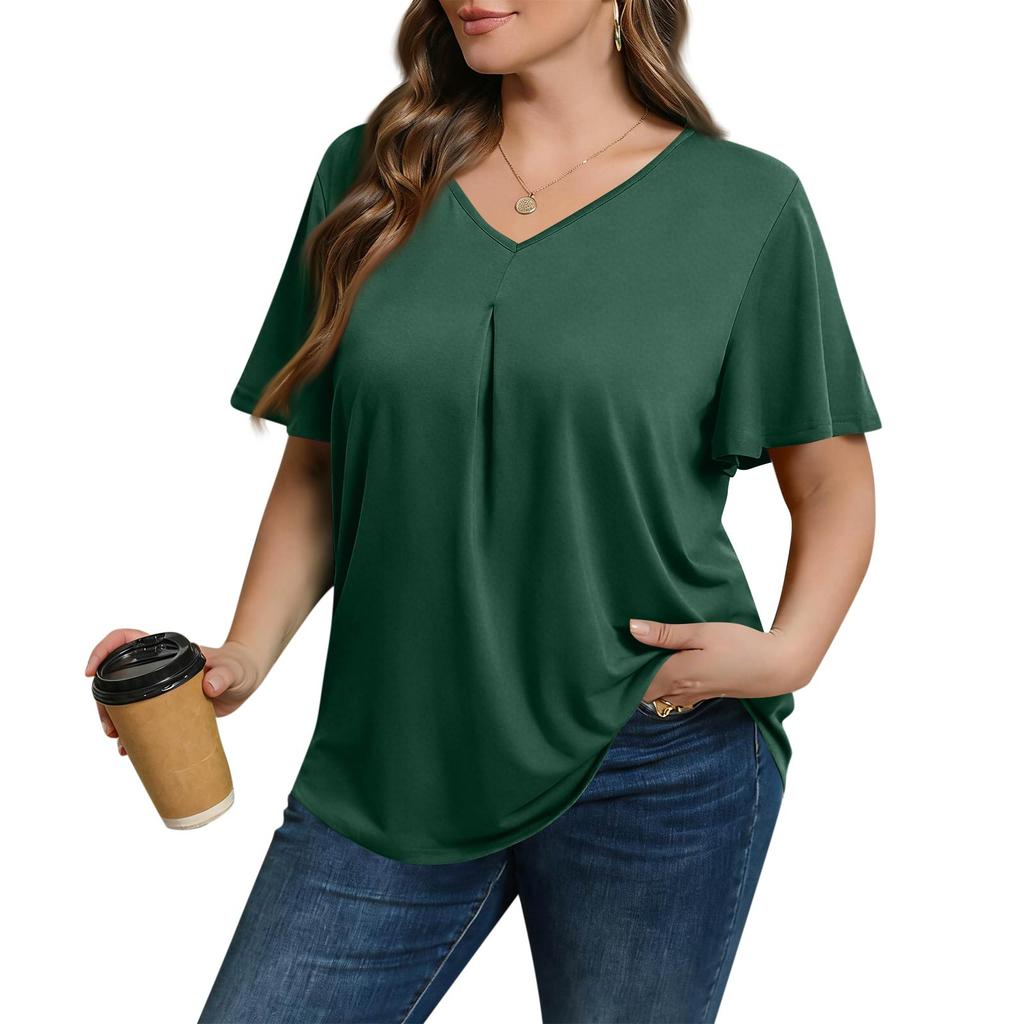 Women's Plus Size Fashionable Casual Loose-Fit Short Sleeve Elegant V Neck Blouse For Work