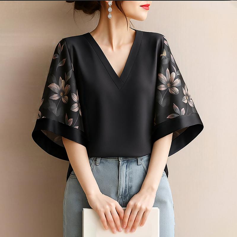 ZANZEA Women Casual Print Splice Short Sleeve Loose V-Neck Blouse