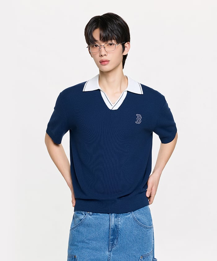Emelbi Varsity Tuck Texture Open Collar Short Sleeve Knit Bos (D.Navy)