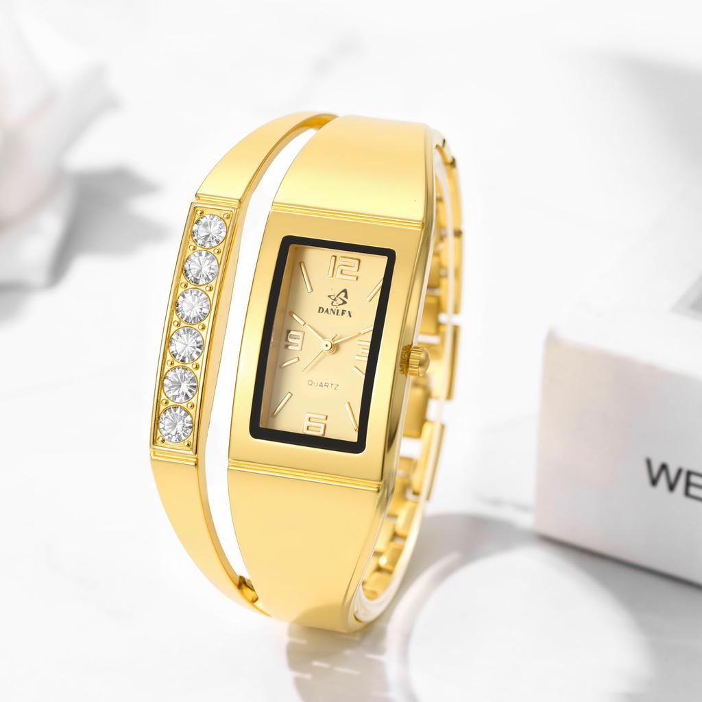 Simple Gold Women's Bracelet Watch: Analog Display, Waterproof, Diamond-Embossed Square Case, Quartz Movement, Gold-Colored, Casual Fashion Watch -