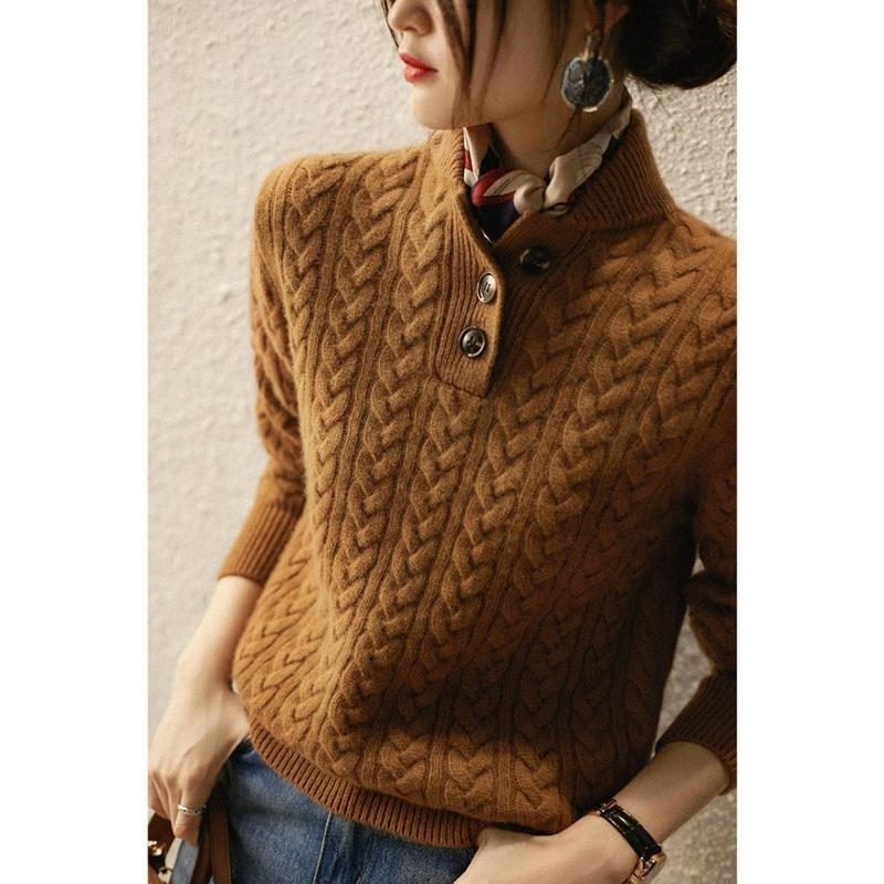 Pull en tricot, Col montant, Revers semi-ouvert, Texture torsadée, Cachemire pur, Baseball, Élégant