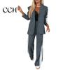 Women Commuter Suit 2 Pcs/Set Lady Formal Coat Pants Set Turn-down Collar Single-breasted Long Sleeves Autumn Outfit Jacket Loose Striped Wide