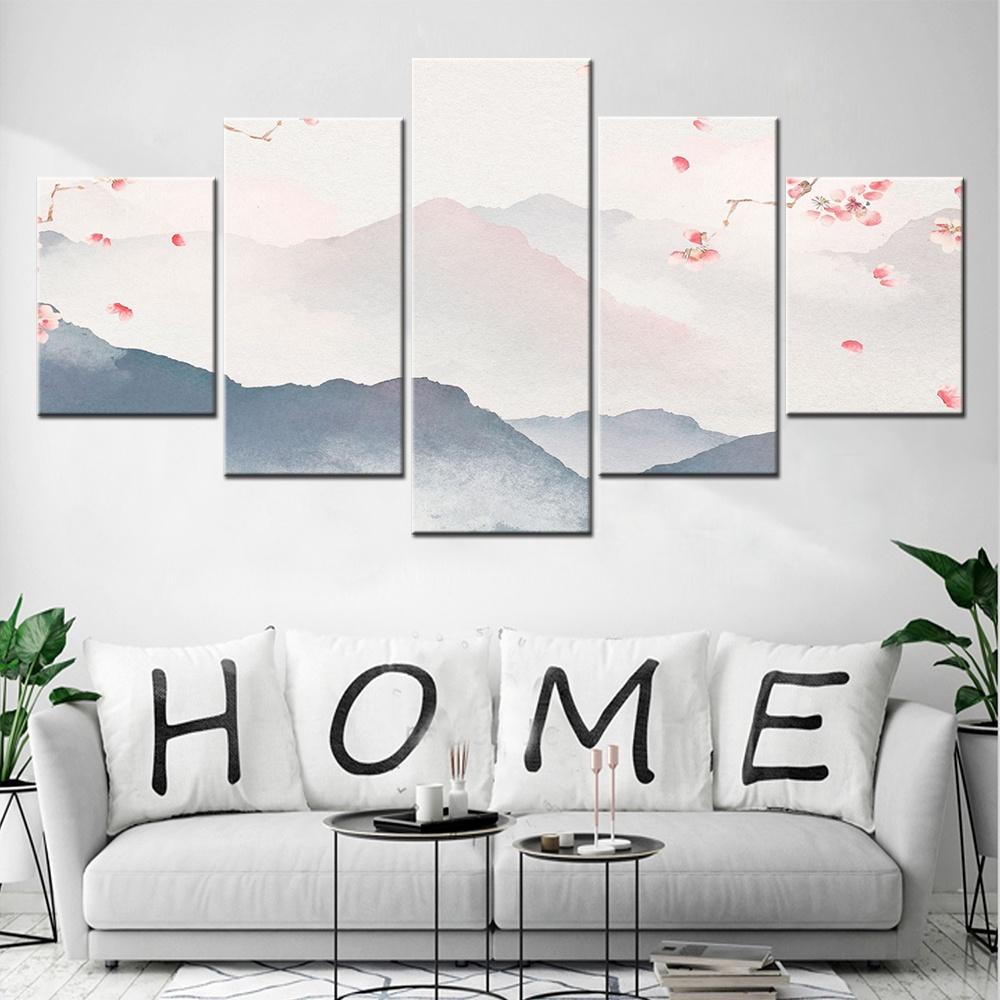5 Pieces Canvas Wall Arts Illustrated Landscape Hazy Hills Cherry Trees Poster Modern Home Decor Modular Picture Living Room