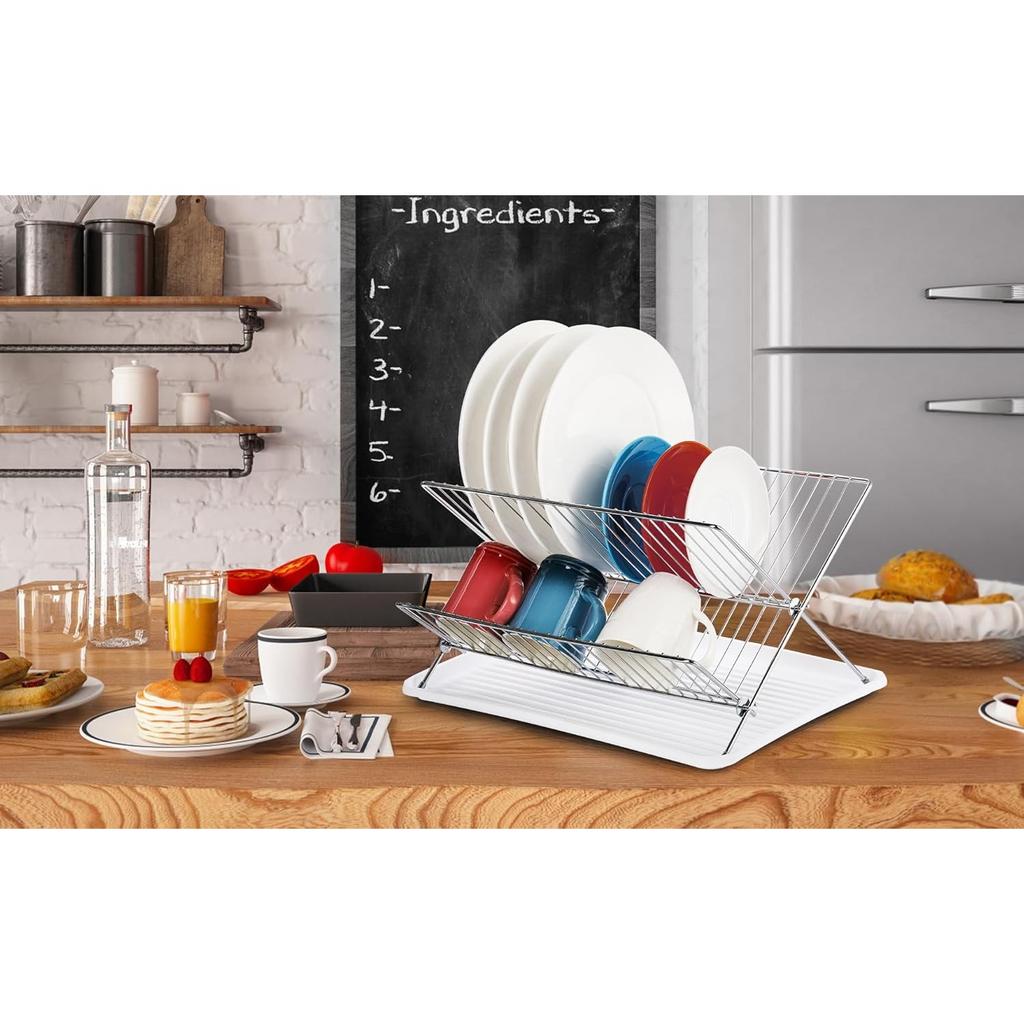 Foldable Dish Drying Rack with Drip Tray, Stainless Steel 2 Tier Dish Drainer Rack, Collapsible Dish Drainer, Folding Dish Rack