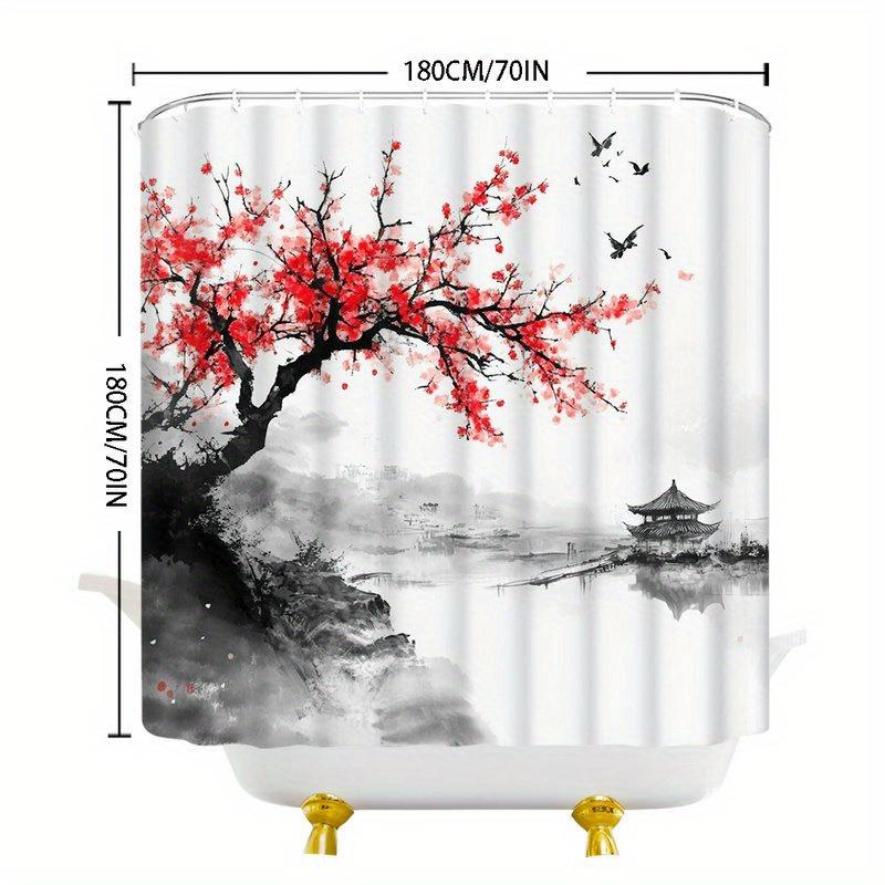 1 Piece Of East Asian Cherry Blossom Shower Curtain, Polyester Fabric, Machine Washable, Suitable For Bathroom Decoration