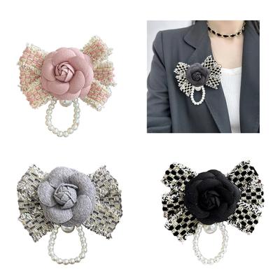 Bowknot Camellia Pearls Breastpins Flowers Lapel Pin Brooch for Women Versatile Fabric Lapel Pin Fashionable Jewelry