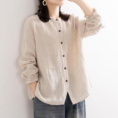 Spring Autumn Vintage Cotton Linen Casual Shirt Women O-neck Loose Fashion Buttons Blouse Female Long Sleeve Top