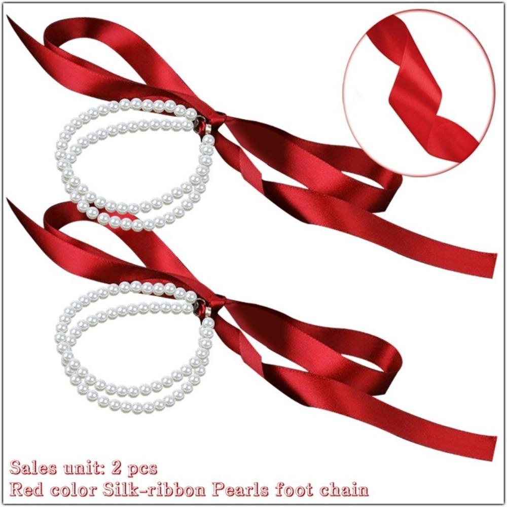 1pair Lovely Colorful Ribbon Bow Anklet High Heels Sandal Decoration Gift Double Layered Anklet Pearls Foot Chain