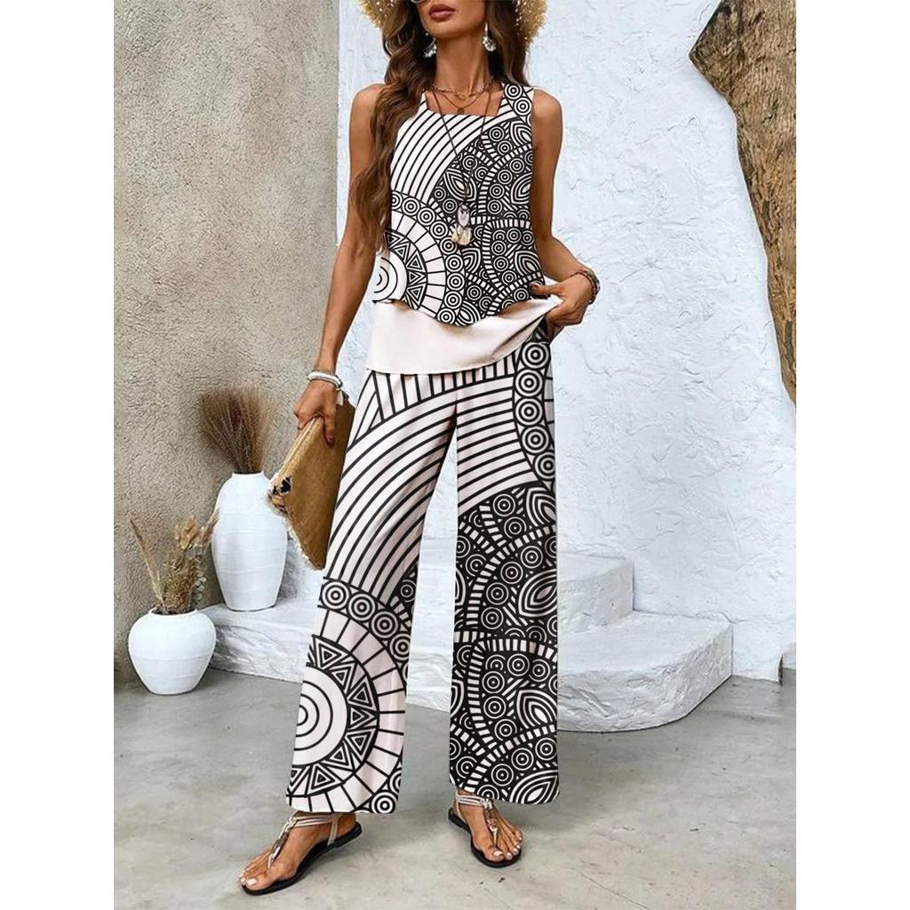 Novedades de Primavera y Verano, Conjuntos Casuales, Estampados de Moda, Ropa de Mujer sin Mangas, Chalecos de Doble Capa, Colores Lisos, Conjuntos Estampados