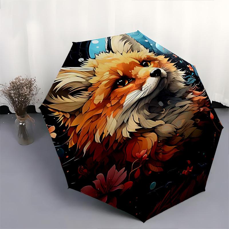 1pc Floral Fantasy Fox: Automatic Opening/Closing Umbrella with Foldable Design, Iron Frame, Outdoor Use, Perfect Gift for Fans, Travelers, Daily Use.
