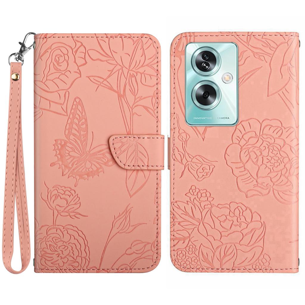 HT03 For Oppo A59 5G Wallet Leather Case Butterfly Flower with Hand Strap