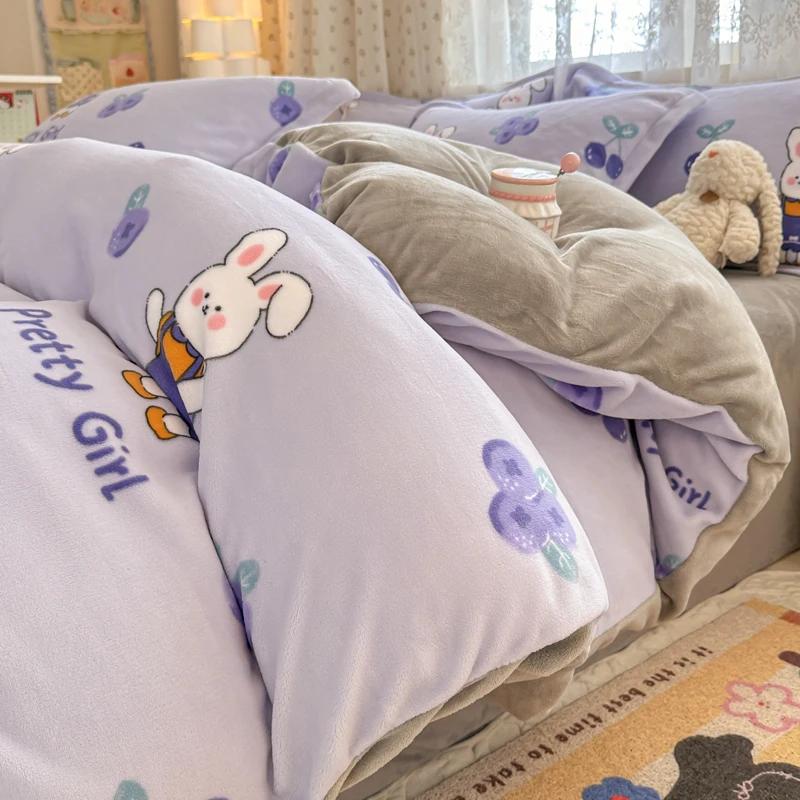 2024 New Class A Small Fresh Printed Milk Fleece Single Bedding Set Thick Warm Cartoon Quilt Cover Fall and Winter Duvet Cover