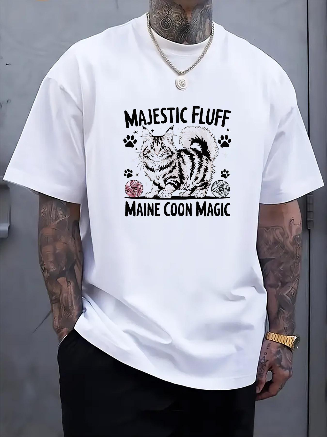 Majestic Fluff Maine Coon Magic Graphic Tee - Casual Crew Neck Short Sleeve T-shirt with Playful Cat & Paw Print Design XXXXL