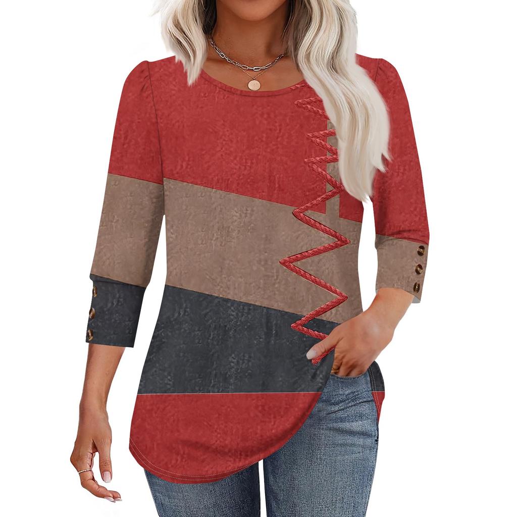 Women's Fashion Casual Color Block Stitched Print Round Neck Seven-sleeve T-shirt Top