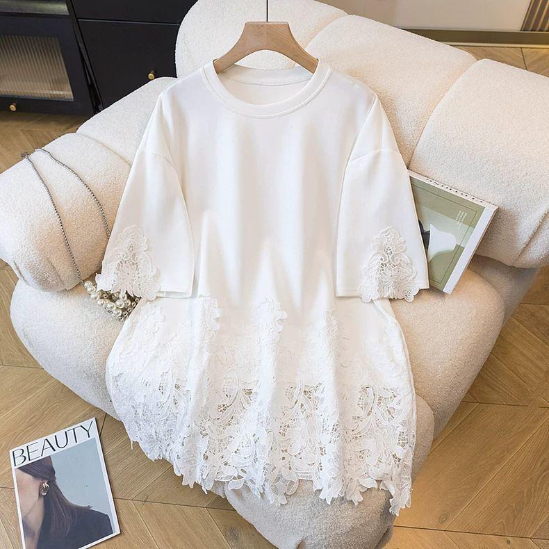 Fashionable Lace Spliced Round Neck Short-sleeved T-shirt for Women In Summer Loose Versatile Top Casual Versatile Pullover