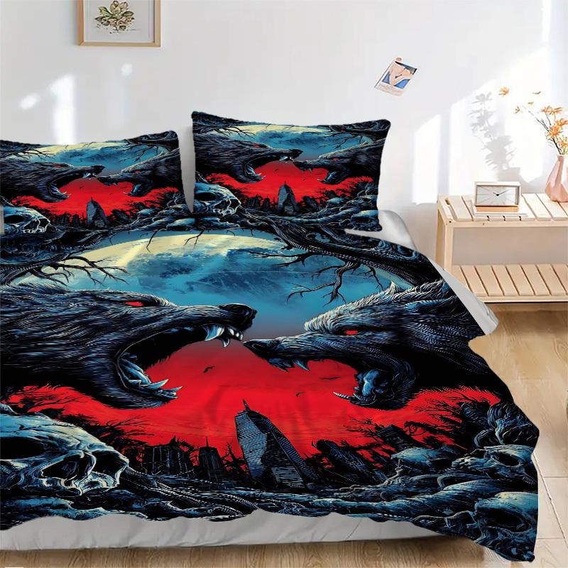 3pcs Anime Wolf Moonlight Bedding Set - Includes One Quilt Cover and Two Pillowcases (No Core) - Perfect for Bedroom and Guest Room Decorati