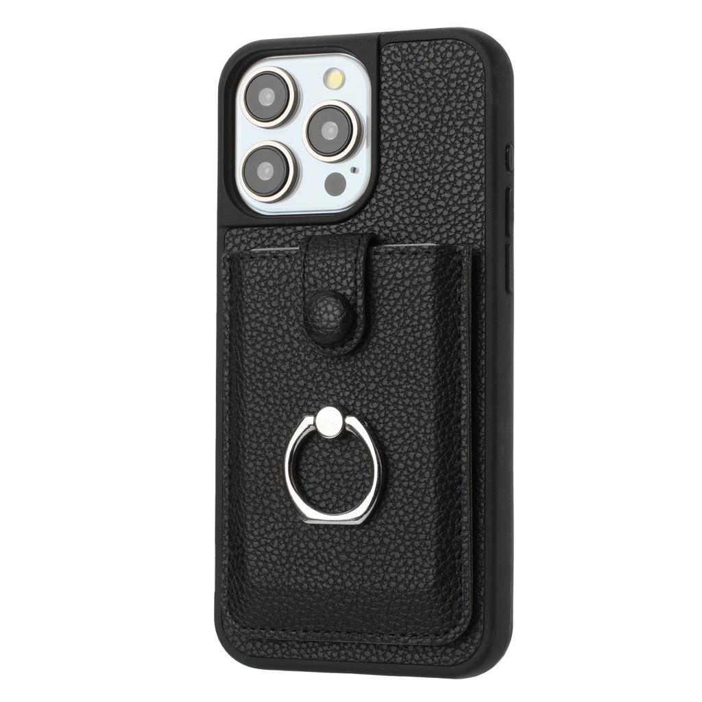 For iPhone 15 Pro Max Case Drawing Type Card Slots Litchi Texture Leather Back Cover with Ring Kickstand