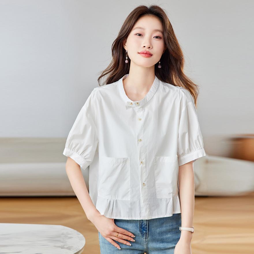 Pure Cotton Shirt Women's Summer Thin Short-sleeved New Loose Short Shirt Bubble Sleeve Top