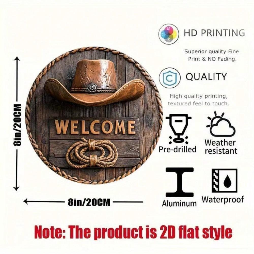 Western Rustic Welcome Sign with Cowboy Hat Rope 8x8 Inch Wall Art for Home Bar Office Gift