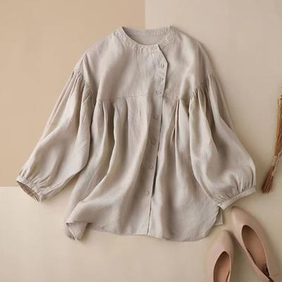 Women Retro Casual Shirt O-neck Lantern Long Sleeve Single Breasted Shirt Top Splicing Design Loose Fit Solid Color Blouse