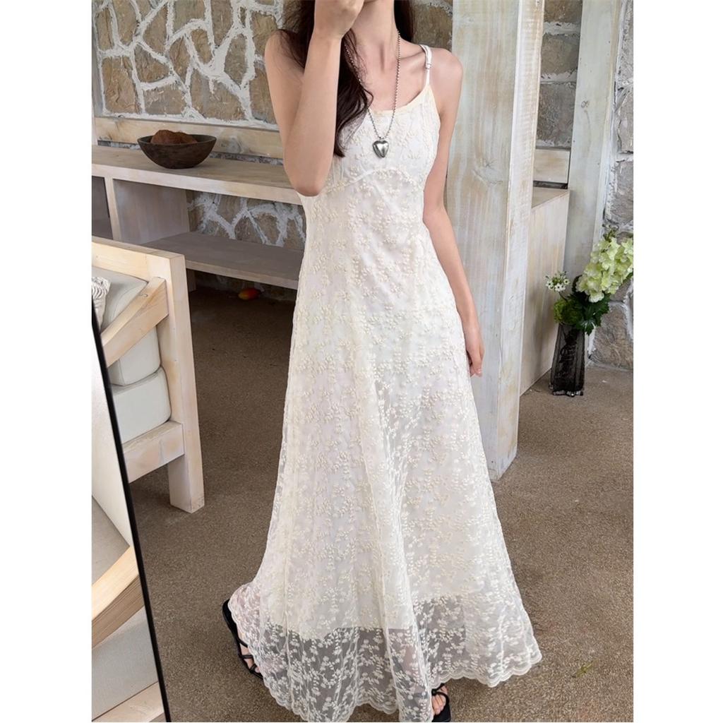 2026 embroidery suspender dress pure desire style women's summer temperament fashion waist thin chic long skirt women's tide