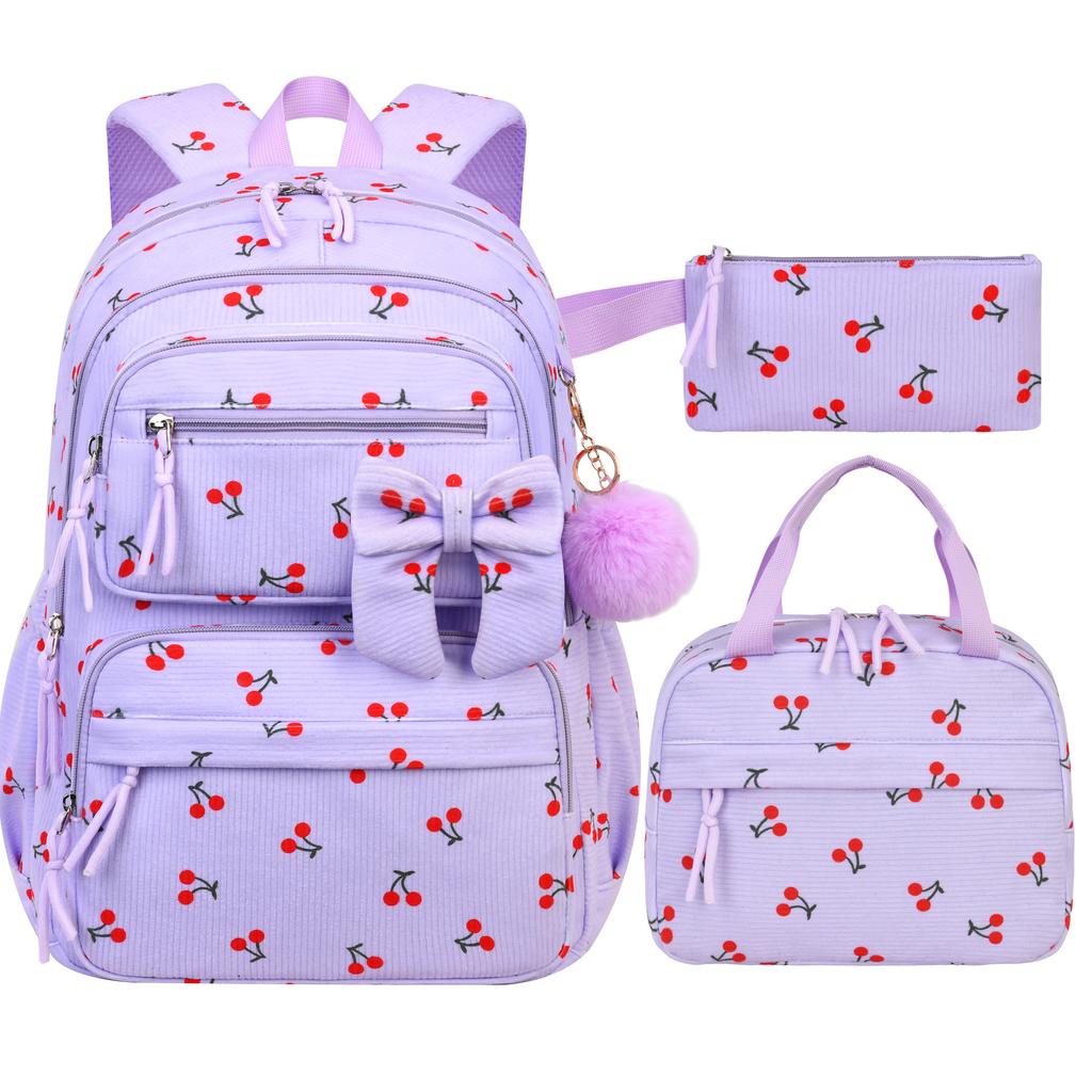 Corduroy Three-Piece Backpack Cherry Pattern Girl Heart Large Capacity Lightweight Backpack