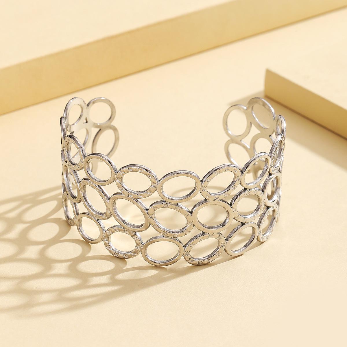 Stainless Steel Wide Geometric Oval C-Shaped Bracelet for Women – European & American Style