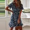 Printed V-Neck Tie High Waist Chiffon Floral Dress