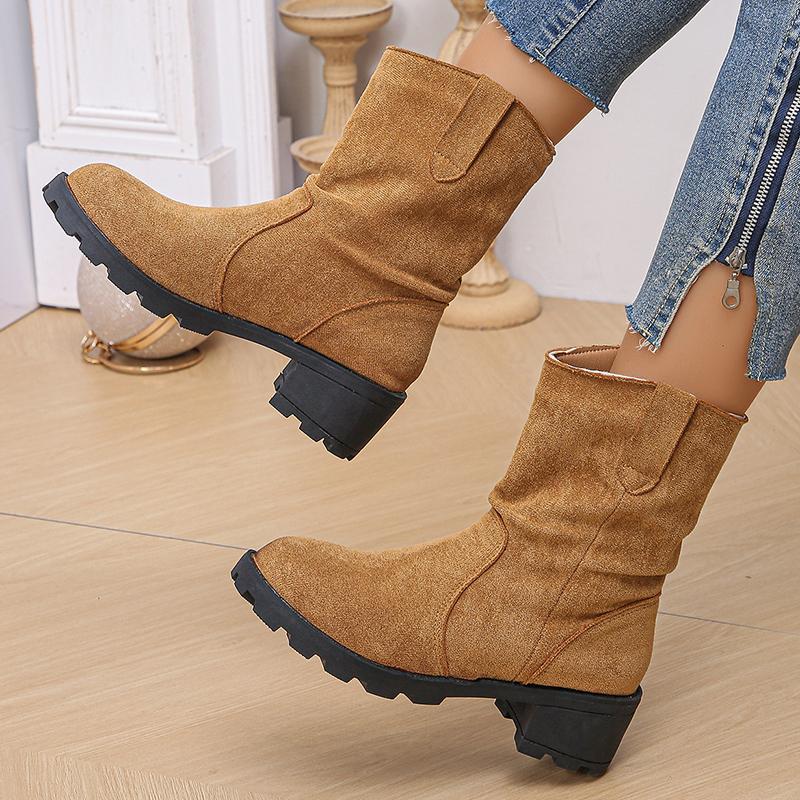 Lucyever Pleated Design Slip On Ankle Boots Woman 2024 Vinatge Flock Thick Heels Cowboy Boots Woman Plus Size Short Botas Mujer