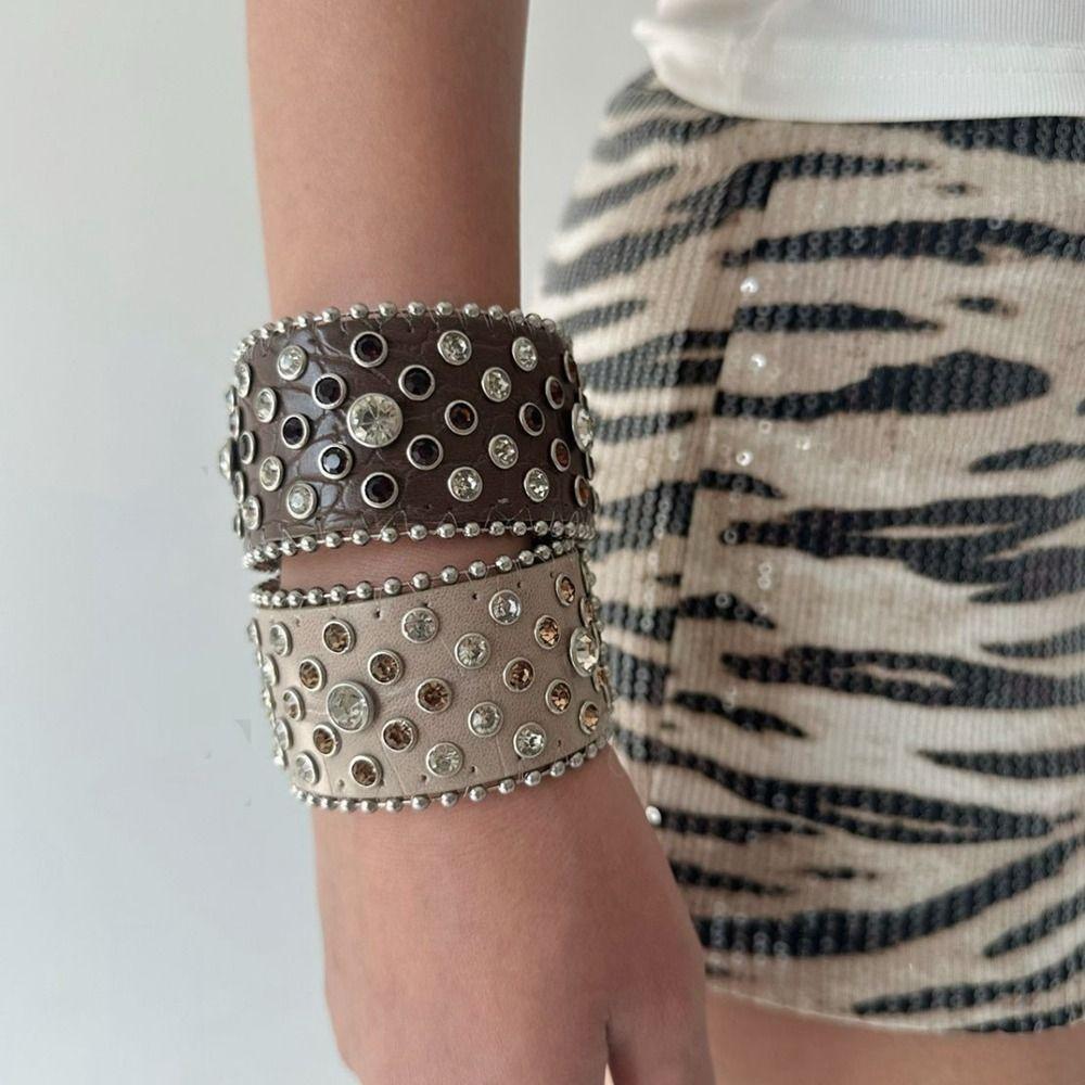 Spicy Girl Rhinestone Bracelet Adjustable Hip-Hop Bangle Jewelry Pu Leather Bracelet  Party