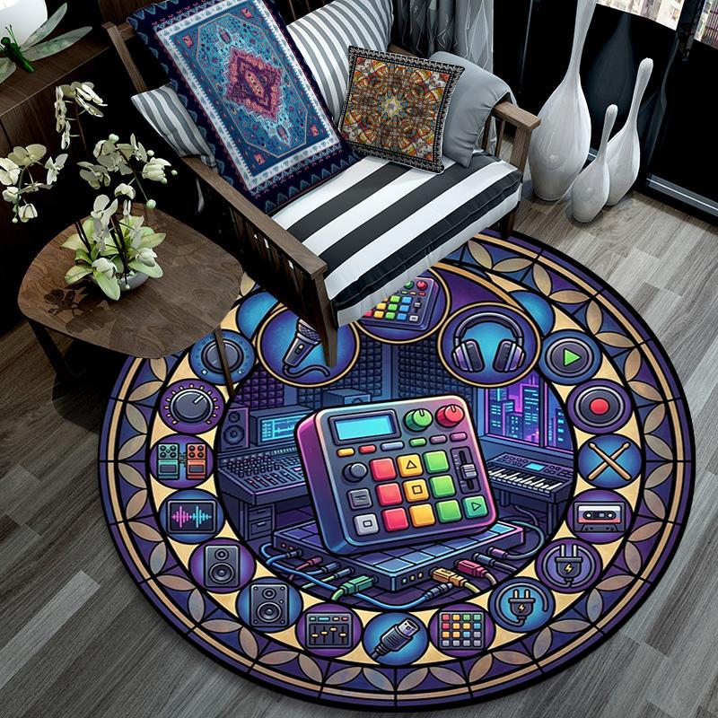 Music Production Icons Round Area Rug Under Office Chairs Bedroom Living Room Home Decor